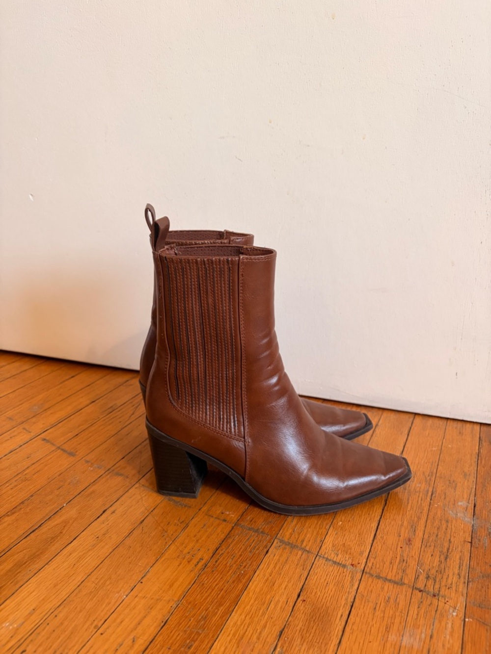 Brown Leather Pointed Toe Block Heel Ankle Boots